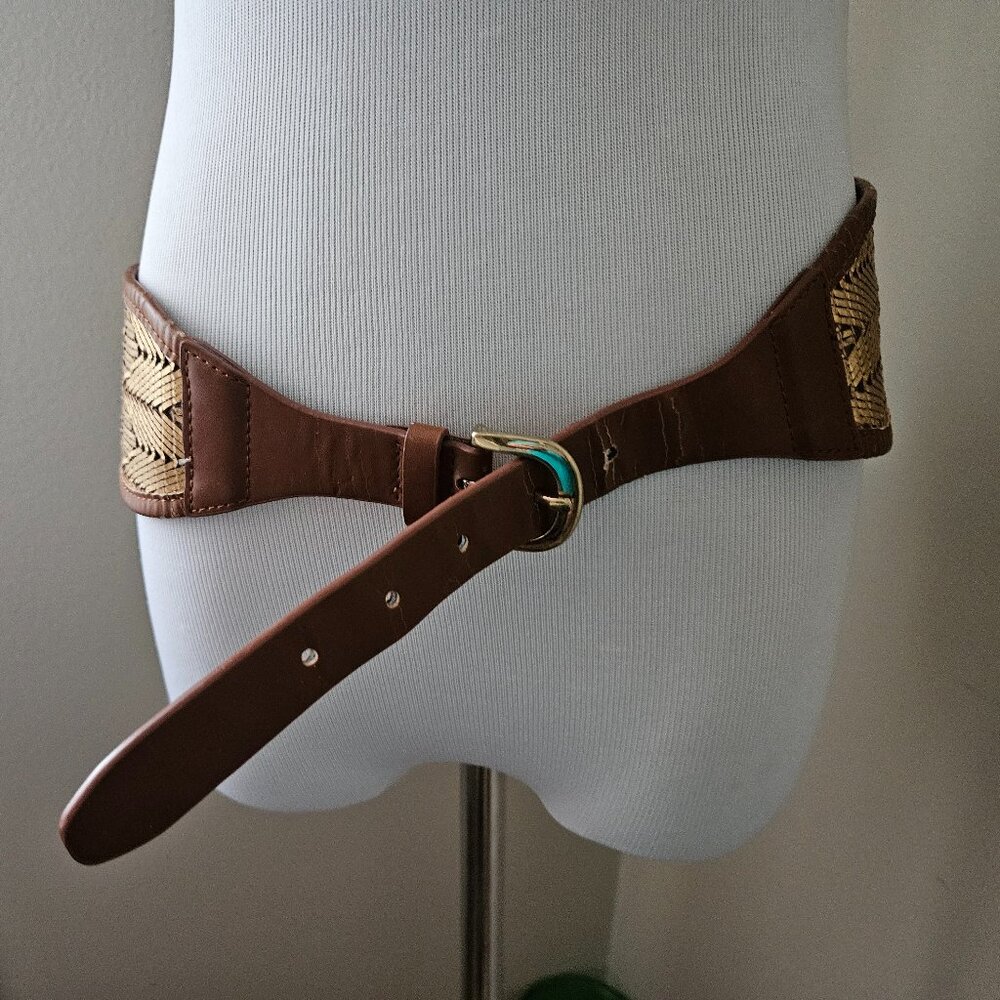 Vintage 1980s Brown Leather and Gold Stretch Belt
